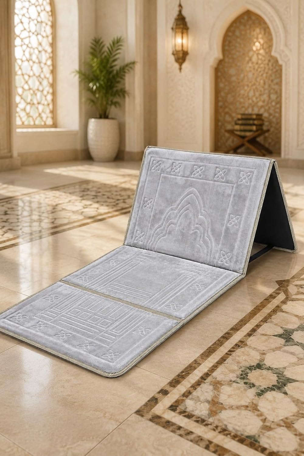 Fabienne 2 in 1 Foldable Prayer Mat and Backrest with Storage Pocket (Silver Grey)