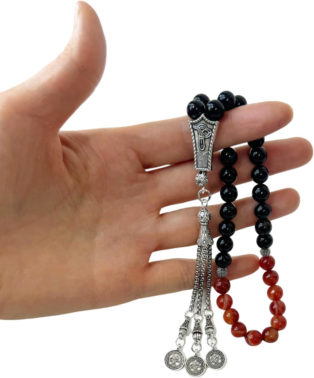 Luxury Prayer Beads 33 Natural Stone Tasbih Set Agate Hematite Snowflake Obsidian Tiger’s Eye Stones 8mm Dhikr Beads with Metallic Tassel Gift for Ramadan Eid (Agate Beads (Red/Black))