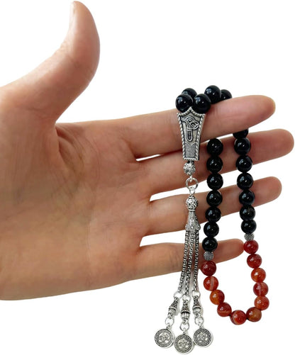Luxury Prayer Beads 33 Natural Stone Tasbih Set Agate Hematite Snowflake Obsidian Tiger’s Eye Stones 8mm Dhikr Beads with Metallic Tassel Gift for Ramadan Eid (Agate Beads (Red/Black))