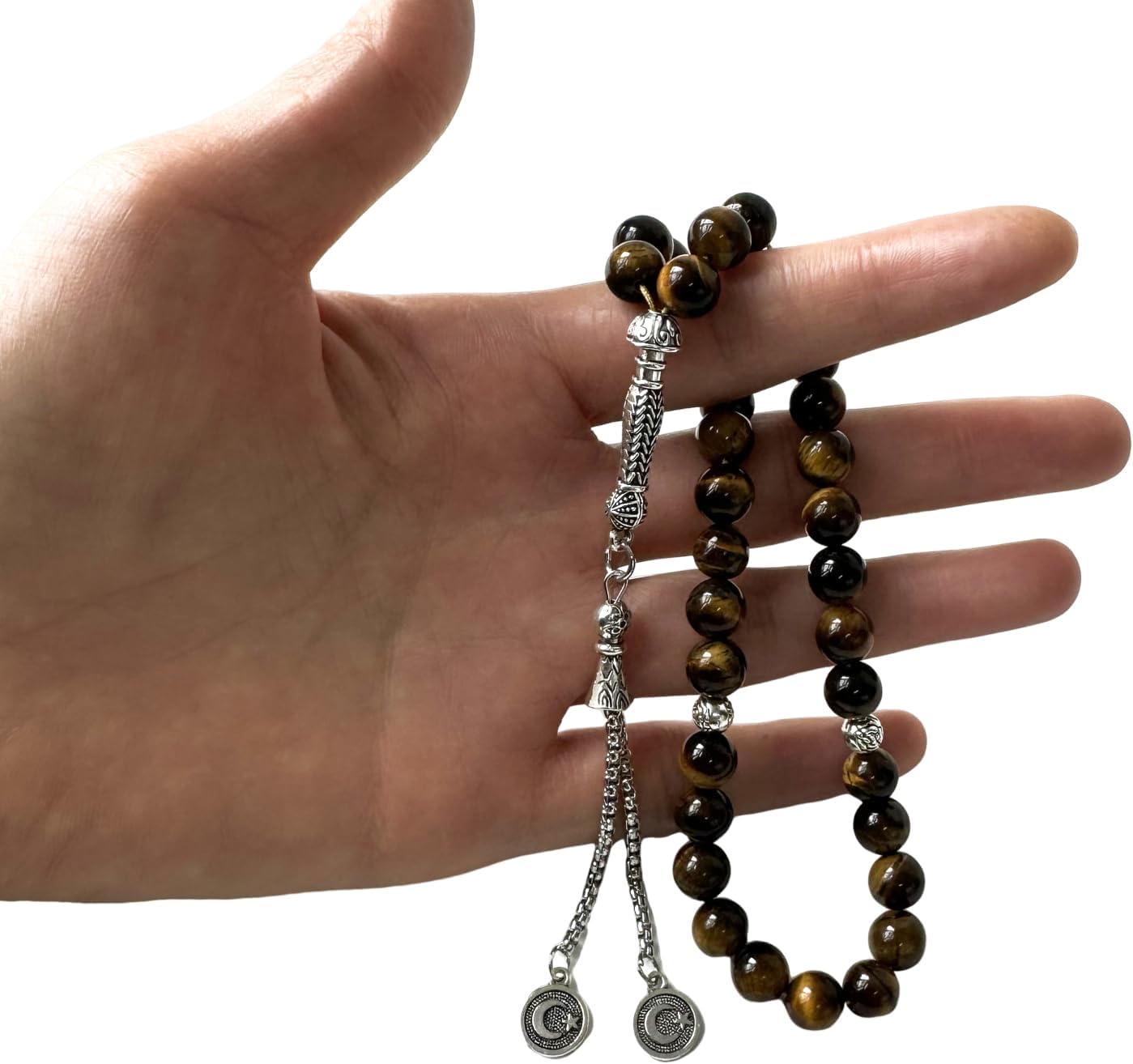 Luxury Prayer Beads 33 Natural Stone Tasbih Set Agate Hematite Snowflake Obsidian Tiger’s Eye Stones 8mm Dhikr Beads with Metallic Tassel Gift for Ramadan Eid (Tiger’s Eye (Yellow/Brown))