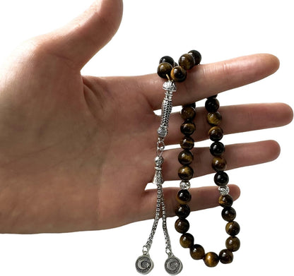 Luxury Prayer Beads 33 Natural Stone Tasbih Set Agate Hematite Snowflake Obsidian Tiger’s Eye Stones 8mm Dhikr Beads with Metallic Tassel Gift for Ramadan Eid (Tiger’s Eye (Yellow/Brown))