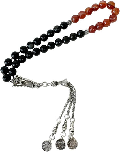 Luxury Prayer Beads 33 Natural Stone Tasbih Set Agate Hematite Snowflake Obsidian Tiger’s Eye Stones 8mm Dhikr Beads with Metallic Tassel Gift for Ramadan Eid (Agate Beads (Red/Black))
