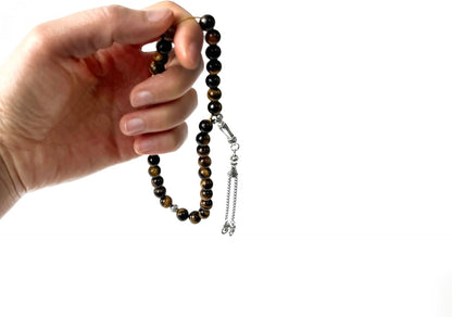 Luxury Prayer Beads 33 Natural Stone Tasbih Set Agate Hematite Snowflake Obsidian Tiger’s Eye Stones 8mm Dhikr Beads with Metallic Tassel Gift for Ramadan Eid (Tiger’s Eye (Yellow/Brown))