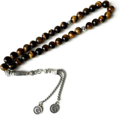 Luxury Prayer Beads 33 Natural Stone Tasbih Set Agate Hematite Snowflake Obsidian Tiger’s Eye Stones 8mm Dhikr Beads with Metallic Tassel Gift for Ramadan Eid (Tiger’s Eye (Yellow/Brown))