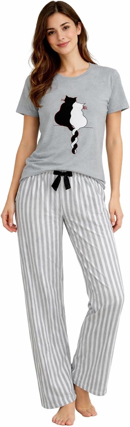 Fabienne Women's Sleepwear T-Shirt and Pants Turkish Cotton Pajama Set Homewear Sleepwear with Attractive Fruit Prints