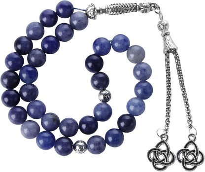 Luxury Prayer Beads 33 Natural Stone Tasbih Set Agate Hematite Snowflake Obsidian Tiger’s Eye Stones 8mm Dhikr Beads with Metallic Tassel Gift for Ramadan Eid (Blue Aventurine)