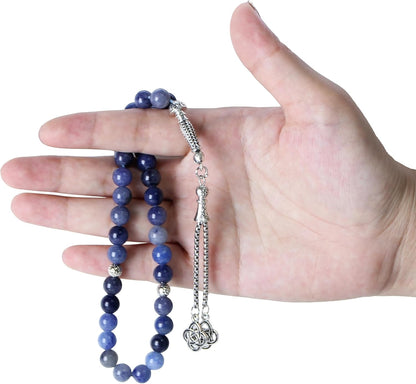 Luxury Prayer Beads 33 Natural Stone Tasbih Set Agate Hematite Snowflake Obsidian Tiger’s Eye Stones 8mm Dhikr Beads with Metallic Tassel Gift for Ramadan Eid (Blue Aventurine)