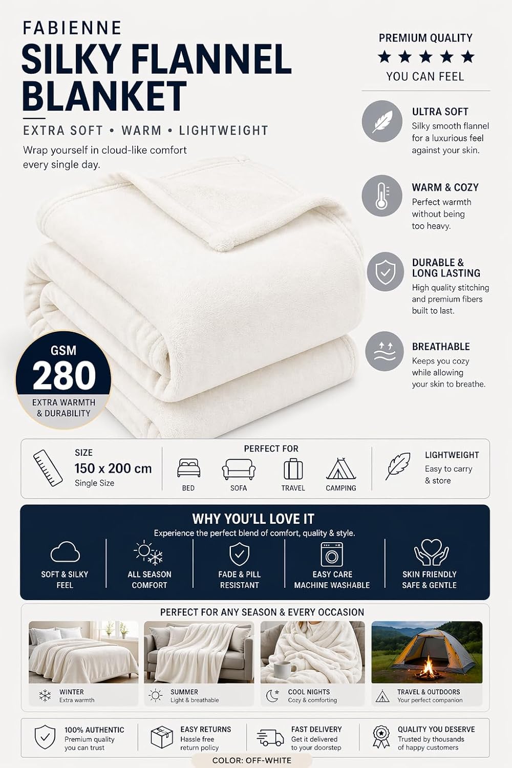 Fabienne Silky Soft Bed Blanket Single Size Plain Microfiber Flannel Throw for Sofa Chair Couch Home Office and Travel (Off-White)