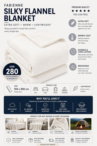 Fabienne Silky Soft Bed Blanket Single Size Plain Microfiber Flannel Throw for Sofa Chair Couch Home Office and Travel (Off-White)