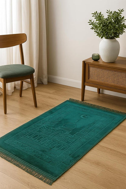 Fabienne Embossed Prayer Mat Anti-Slip Velvet Top Prayer Rug 80 x 120 cm (Dark Green)