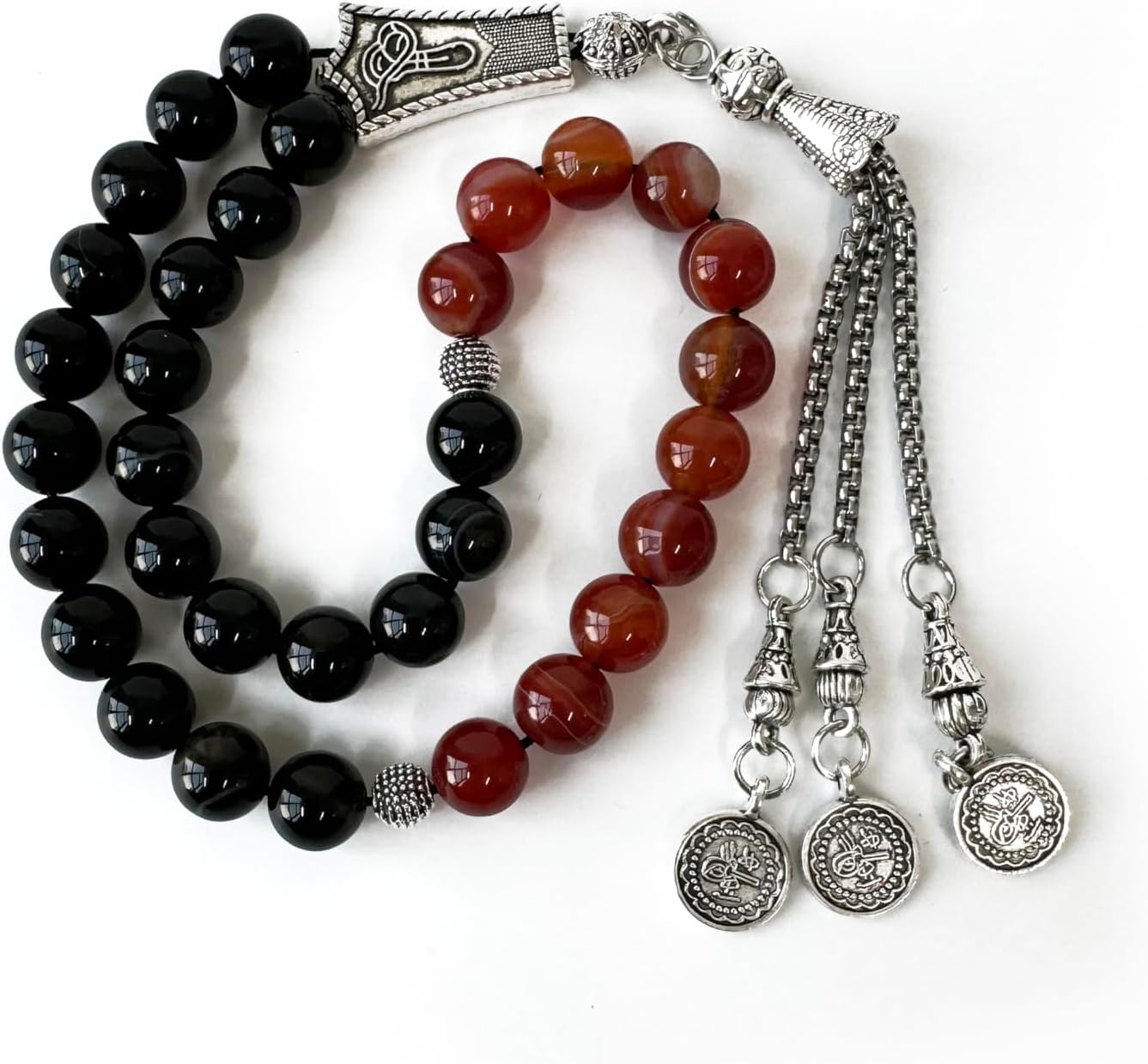 Luxury Prayer Beads 33 Natural Stone Tasbih Set Agate Hematite Snowflake Obsidian Tiger’s Eye Stones 8mm Dhikr Beads with Metallic Tassel Gift for Ramadan Eid (Agate Beads (Red/Black))
