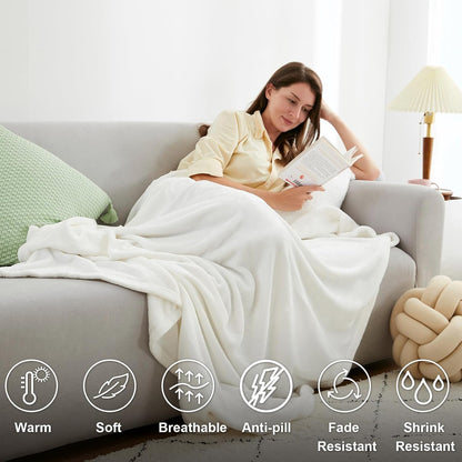 Fabienne Silky Soft Bed Blanket Single Size Plain Microfiber Flannel Throw for Sofa Chair Couch Home Office and Travel (Off-White)