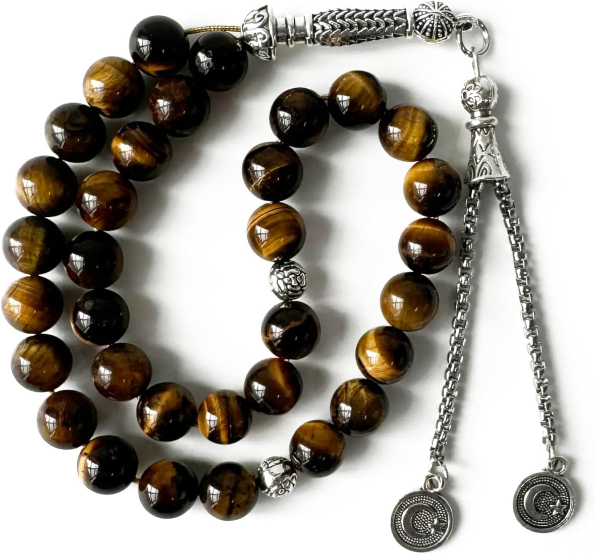 Luxury Prayer Beads 33 Natural Stone Tasbih Set Agate Hematite Snowflake Obsidian Tiger’s Eye Stones 8mm Dhikr Beads with Metallic Tassel Gift for Ramadan Eid (Tiger’s Eye (Yellow/Brown))