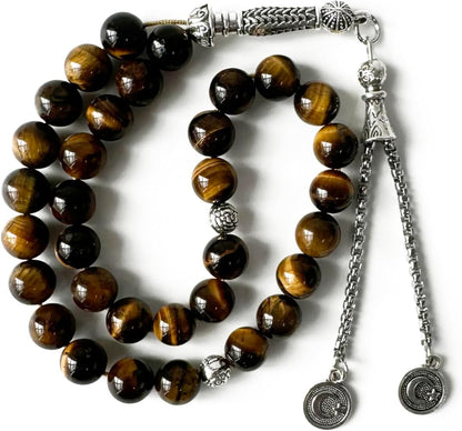 Luxury Prayer Beads 33 Natural Stone Tasbih Set Agate Hematite Snowflake Obsidian Tiger’s Eye Stones 8mm Dhikr Beads with Metallic Tassel Gift for Ramadan Eid (Tiger’s Eye (Yellow/Brown))