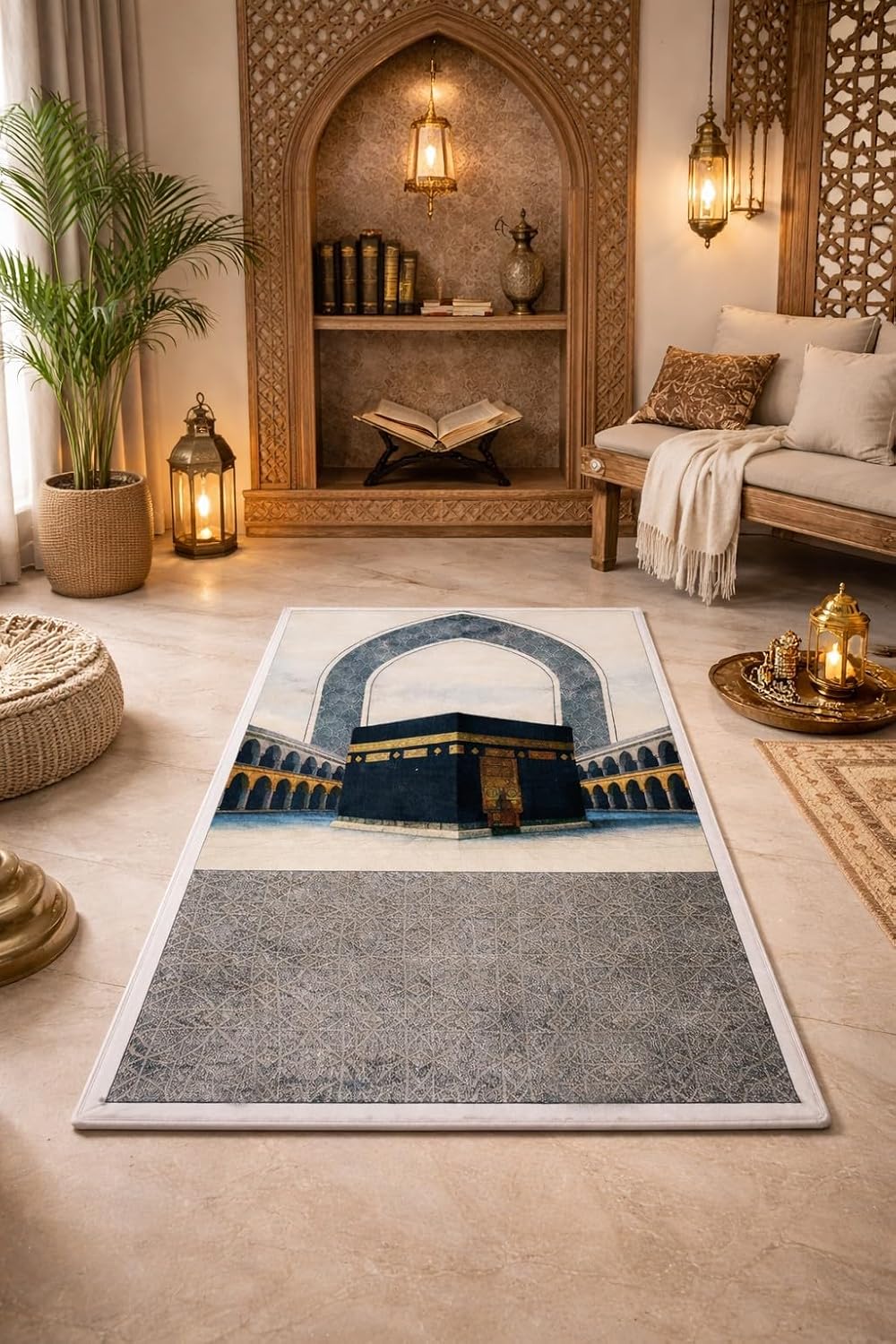 Fabienne Memory Foam Prayer Mat 70x110cm Thick Padded Muslim Prayer Rug with Knee Support Gift for Elderly People Cushioned Anti-Slip Lightweight Janamaz Salah Mat with 3D Design (Grey-Kaaba)