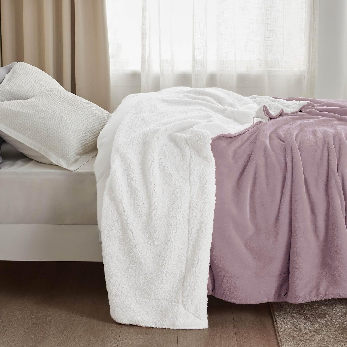 Fabienne Sherpa Blanket Single Size Twin Plush Throw Bed Blanket 160x220cm Flannel Fleece Reversible Lamb Blanket - Warm and Plush Travel Blanket for Bed Sofa Travel Couch (Lilac)