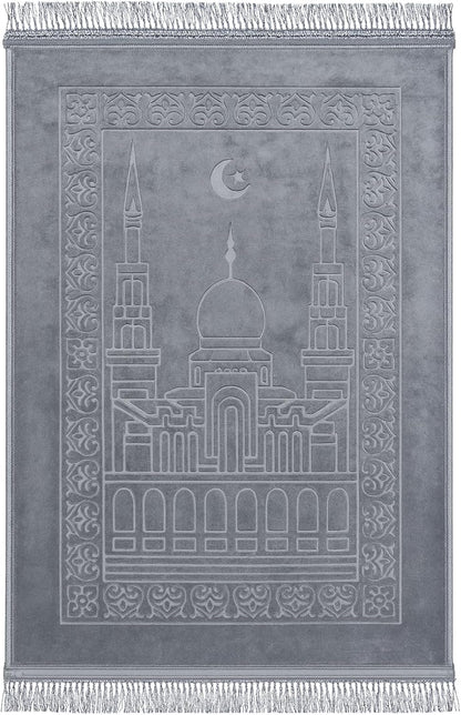 Embossed Prayer Mat Anti-Slip Velvet Top Prayer Rug for Men Women Eid Gift Ramadan 80 x 120 cm (Ash Grey)