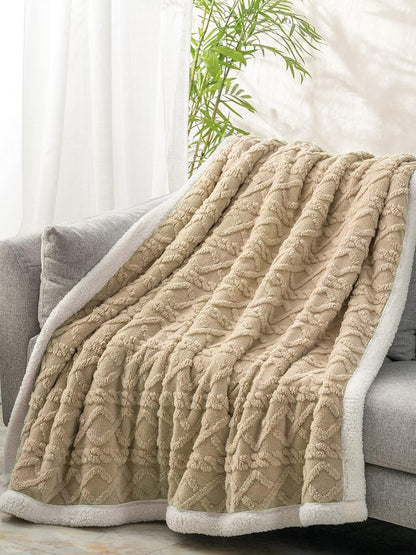 Fabienne Jacquard Sherpa Blanket Single Size Twin Plush Bed Blanket Single 160x220cm Flannel Fleece Reversible Lamb Blanket - Warm and Plush Throw Blanket for Bed Sofa Travel Couch (Beige)