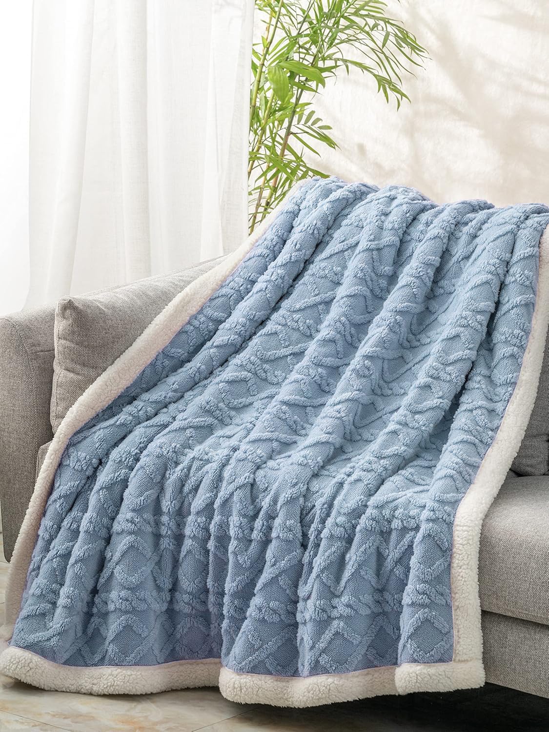 Fabienne Jacquard Sherpa Blanket Single Size Twin Plush Bed Blanket Single 160x220cm Flannel Fleece Reversible Lamb Blanket - Warm and Plush Throw Blanket for Bed Sofa Travel Couch (Blue Grey)
