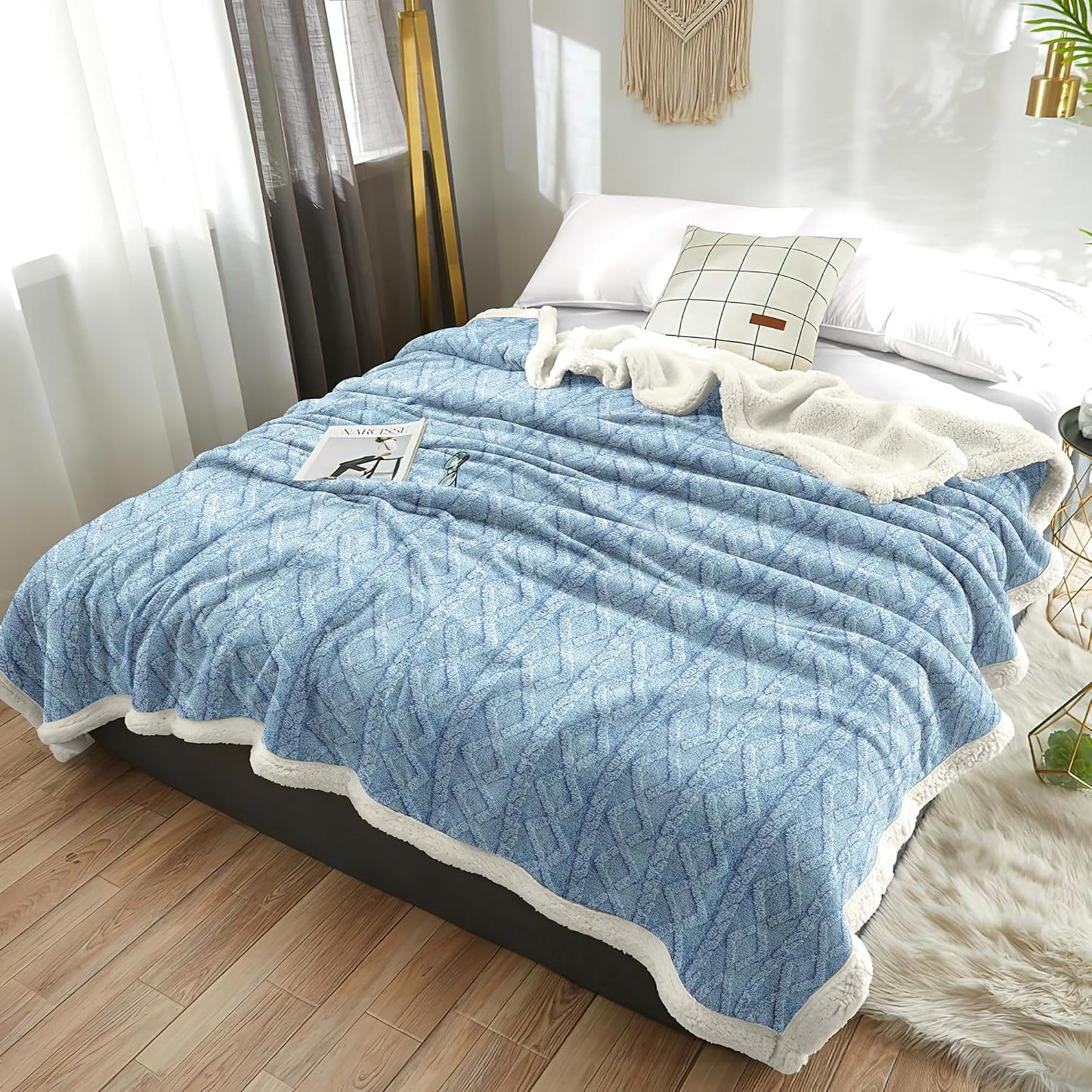 Fabienne Jacquard Sherpa Blanket Single Size Twin Plush Bed Blanket Single 160x220cm Flannel Fleece Reversible Lamb Blanket - Warm and Plush Throw Blanket for Bed Sofa Travel Couch (Blue Grey)