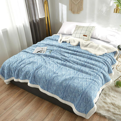 Fabienne Jacquard Sherpa Blanket Single Size Twin Plush Bed Blanket Single 160x220cm Flannel Fleece Reversible Lamb Blanket - Warm and Plush Throw Blanket for Bed Sofa Travel Couch (Blue Grey)