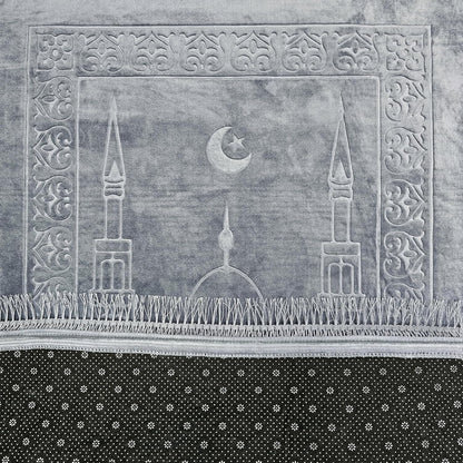 Embossed Prayer Mat Anti-Slip Velvet Top Prayer Rug for Men Women Eid Gift Ramadan 80 x 120 cm (Ash Grey)